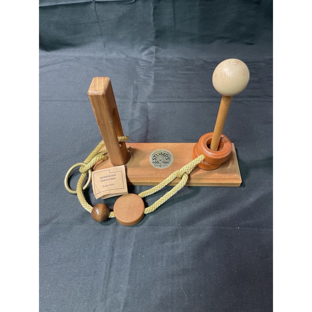 Vintage 1979 Stumpers Lumberjack Toys Wood Rope Puzzle Remove Brass Ring